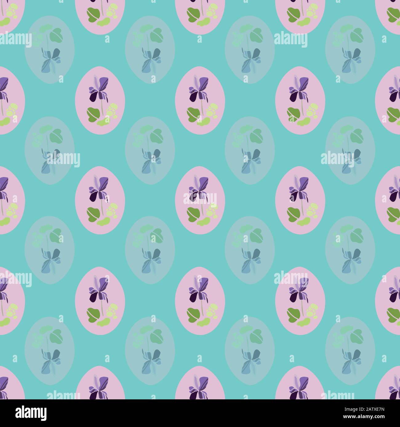 Vektor Natur Botanik ostern wiederholen Grenze mit violett auf Pastell osterei. Wunderschönes farbenfrohes Design für Ihre Familienveranstaltung. Hintergrund der Natur. Druck, Stoff, stationär. Stock Vektor