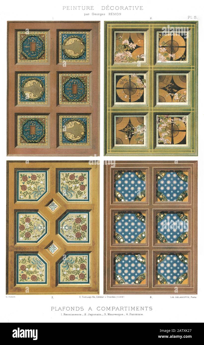 4 Muster von Abteildecken: Renaissance, Mauren, Fancy und Japan Styles, dekorative Malerei im Jahr 1895 Stockfoto