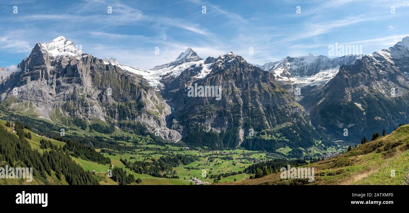 Blick auf das schneebedeckte Fiescherhorn und Wetterhorn, Grindelwald, Bern, Schweiz Stockfoto