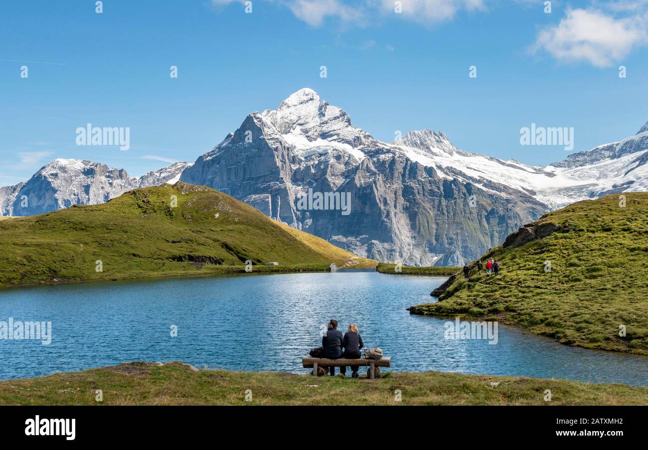 Wanderer, die auf einer Bank ruhen, Bachalpsee mit Gipfel Wetterhorn, Grindelwald, Berner Oberland, Schweiz Stockfoto