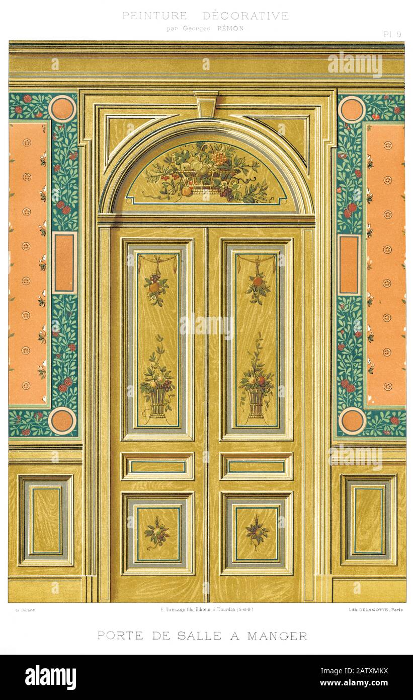 Tür des Esszimmers, dekorative Malerei im Jahr 1895 Stockfoto