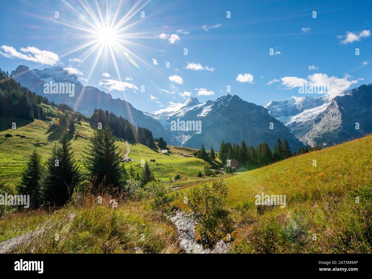 Kleiner Bach bei strahlendem Sonnenschein, schneebedecktes Schreckhorn, Wetterhorn und Eiger im Rücken, Grindelwald, Bern, Schweiz Stockfoto