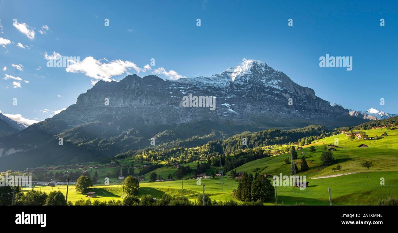 Massiv des Eiger mit Eiger-Nordwand, Grindelwald, Bern, Schweiz Stockfoto