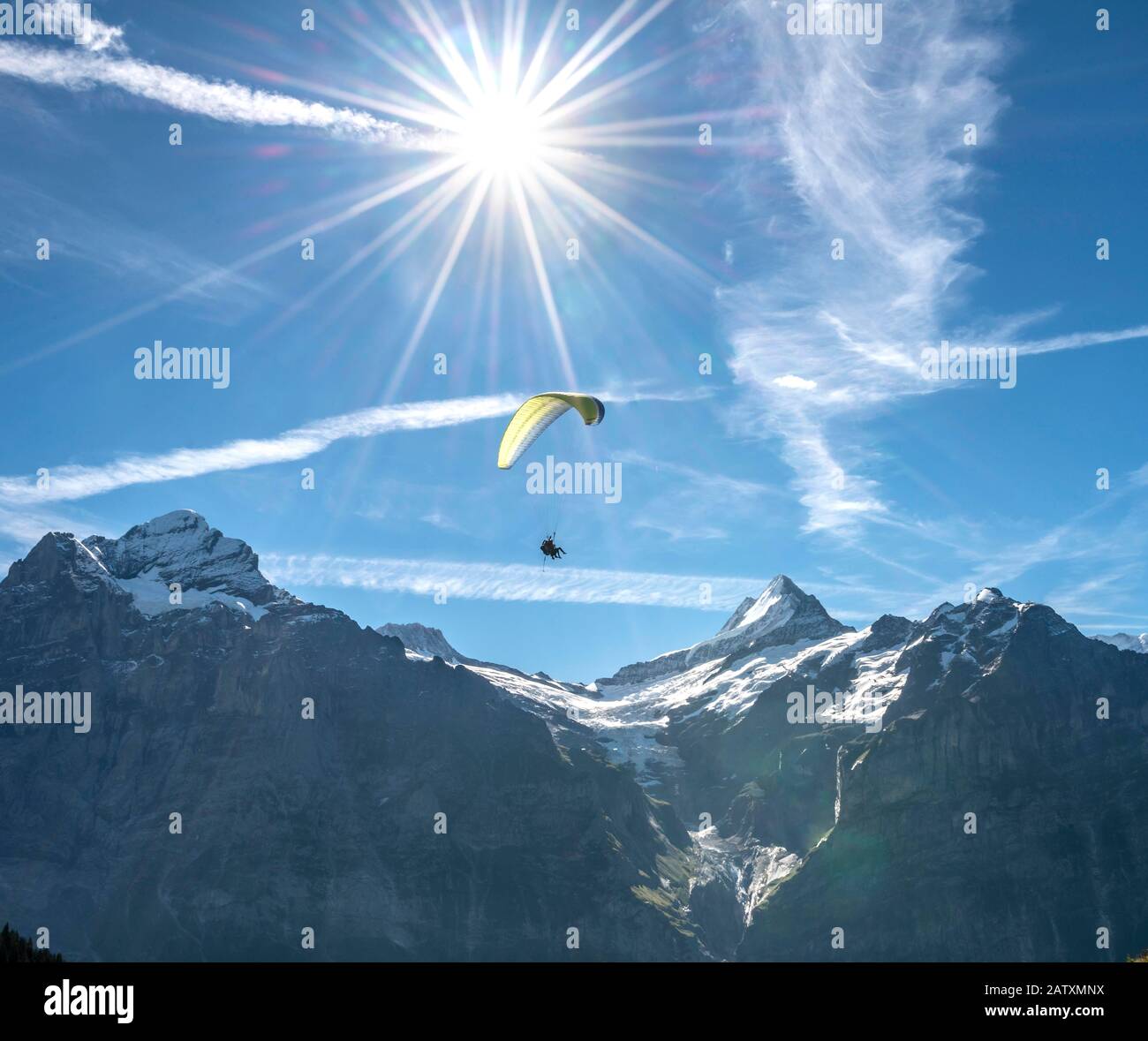 Gleitschirm fliegt in den Himmel, im hinteren Wetterhorn und Schreckhorn, Grindelwald, Bern, Schweiz Stockfoto