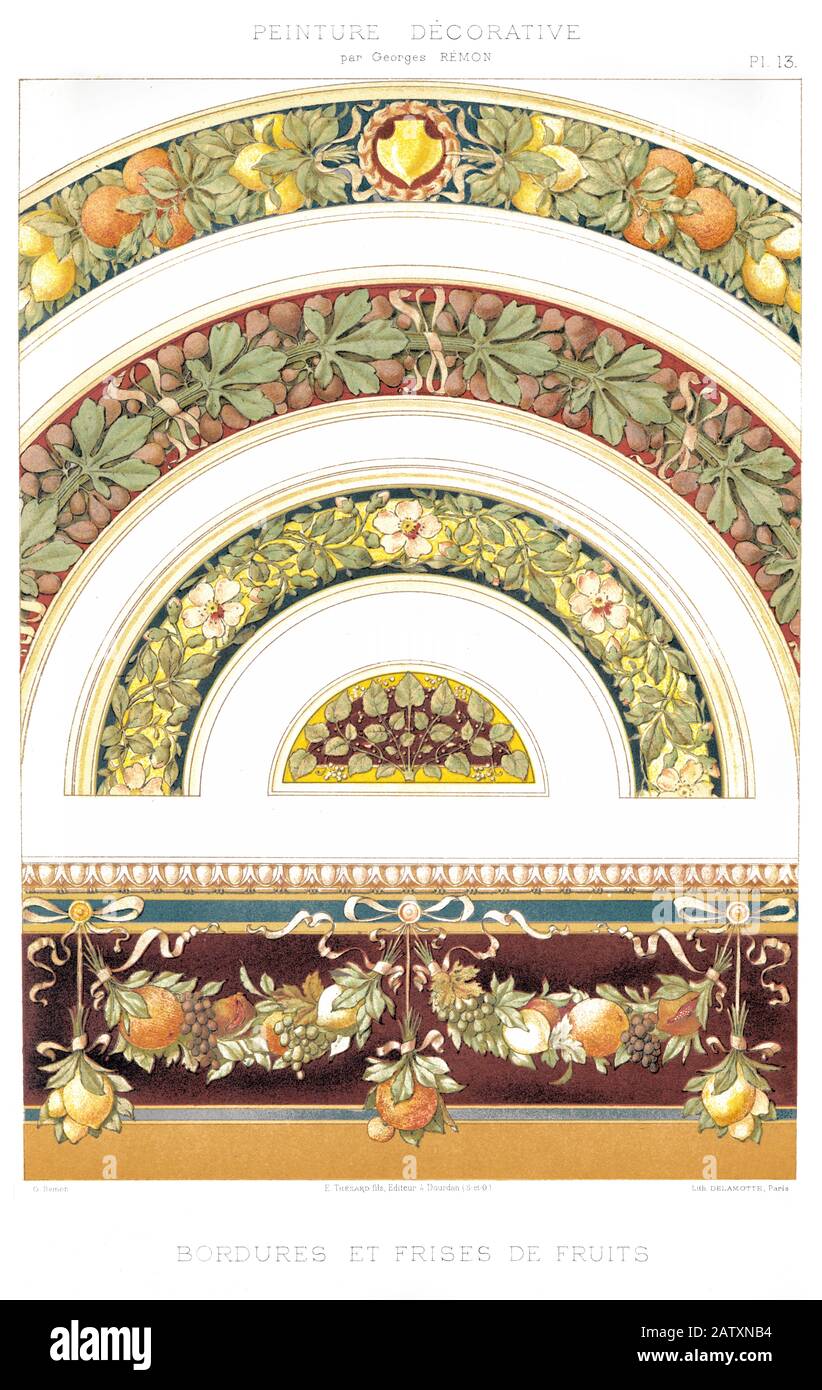 5 Muster von Frucht-Rändern und Friesen, dekorative Malerei von 1895 Stockfoto