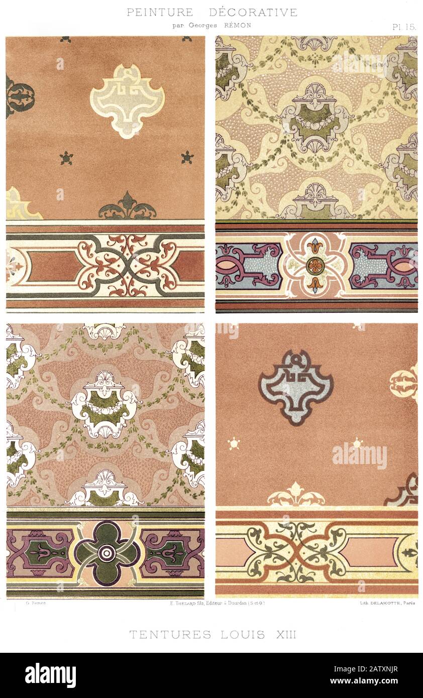 4 Muster der Vorhänge im Stil Louis XIII, dekorative Malerei von 1895 Stockfoto