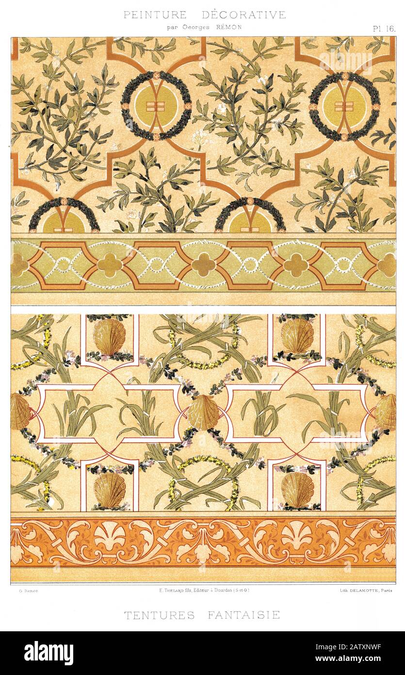 2 Muster ausgefallener Vorhänge, dekorative Malerei im Jahr 1895 Stockfoto