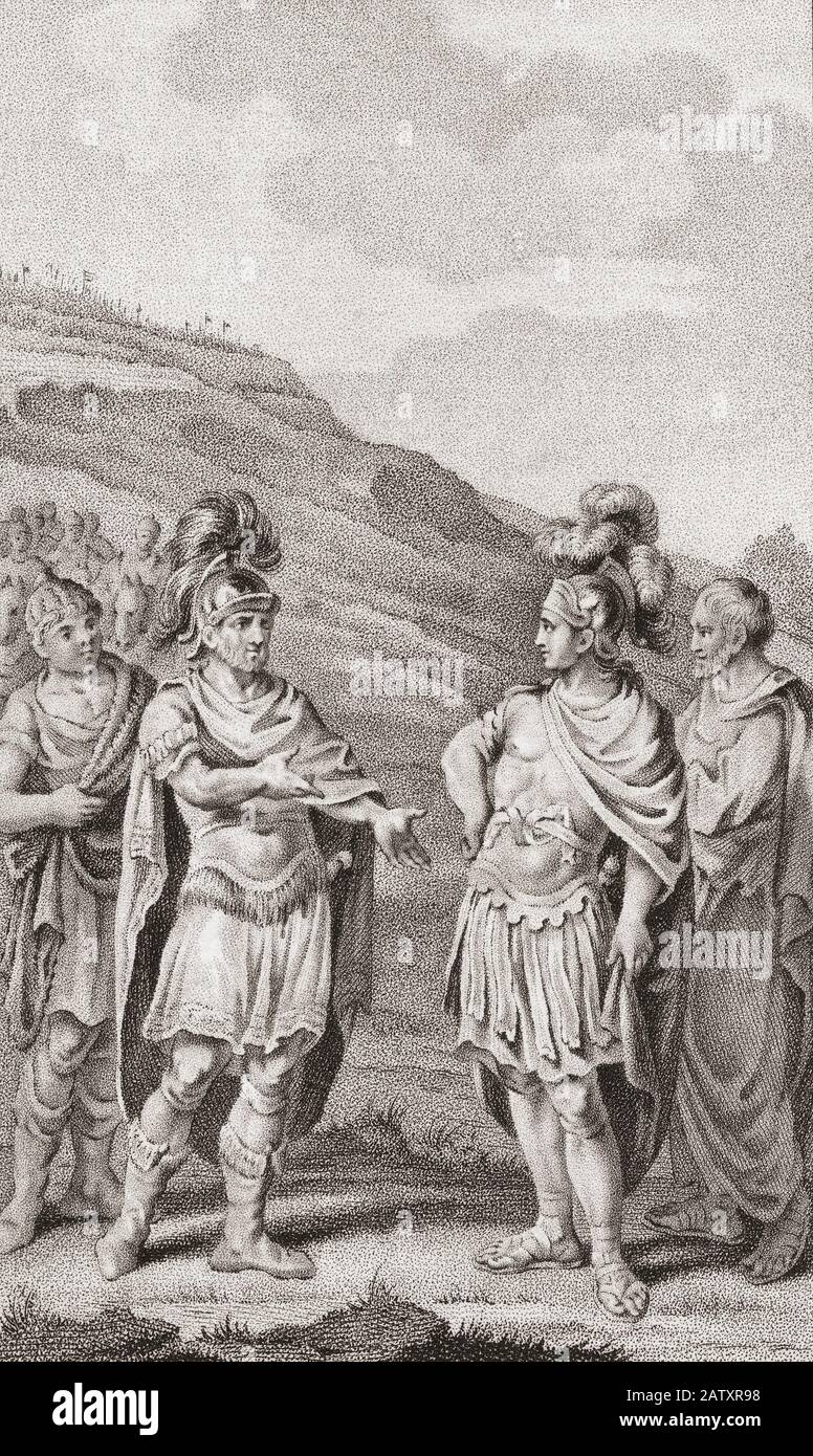 Der karthagische Führer Hannibal und der römische General Scipio treffen sich, um mögliche Begriffe vor der Schlacht von Zama im modernen Tunesien, 202 v. Chr., zu besprechen. Die Schlacht, die von den Römern gewonnen wurde, beendete den Zweiten Punischen Krieg. Stockfoto