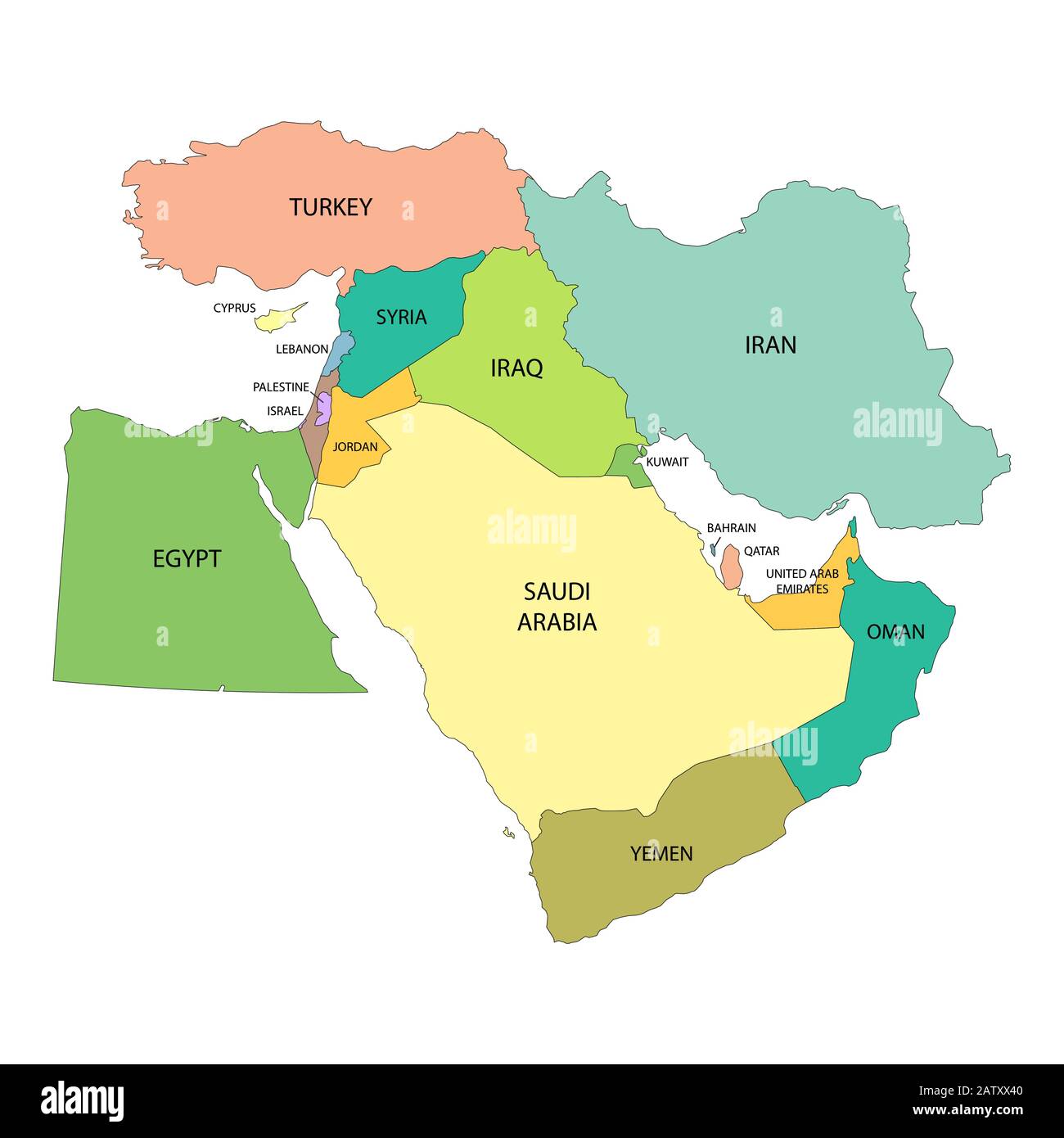 Karte des Nahen Ostens mit Ländergrenzen Stock Vektor