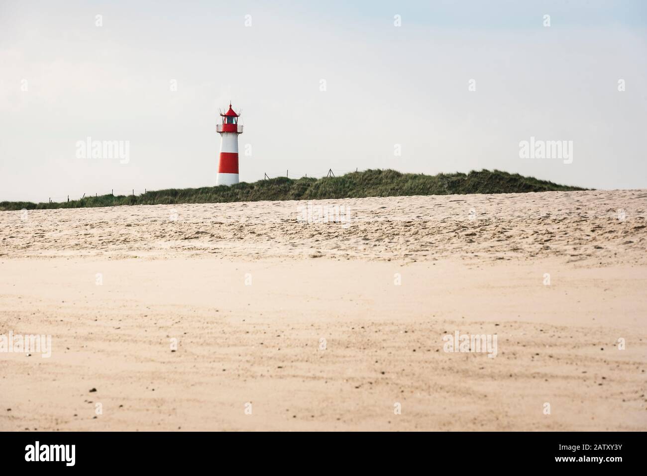 Leuchtturm auf grasbewachsenen Dünen und Strand mit gelbem Sand, auf der Insel Sylt, an der Nordsee, Deutschland. Sonnige sommerliche Strandlandschaft mit Leuchtturm und Sand. Stockfoto