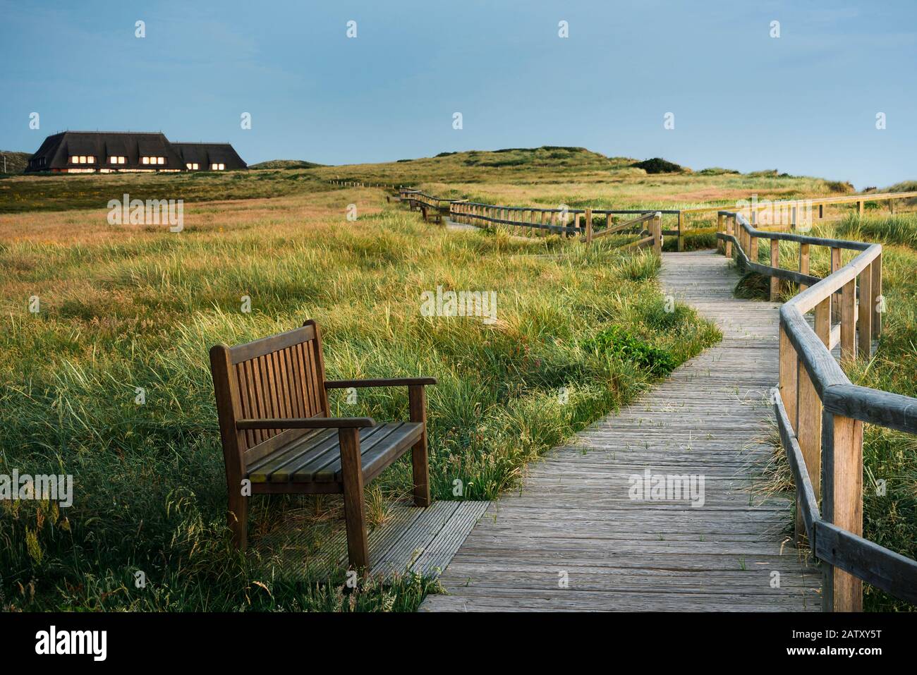 Holzsteg durch grasbewachsene Dünen mit Marramgras auf der Sylter Insel, an der Nordsee, in Deutschland. Abendlandschaft in geschützter Natur. Landschaft Frisia. Stockfoto