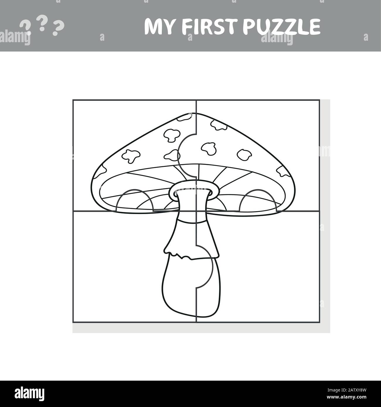 Bildungs-Papierspiel für Kinder, Amanita. Erstellen Sie das Bild. Mein erstes Puzzle- und Farbbuch Stock Vektor