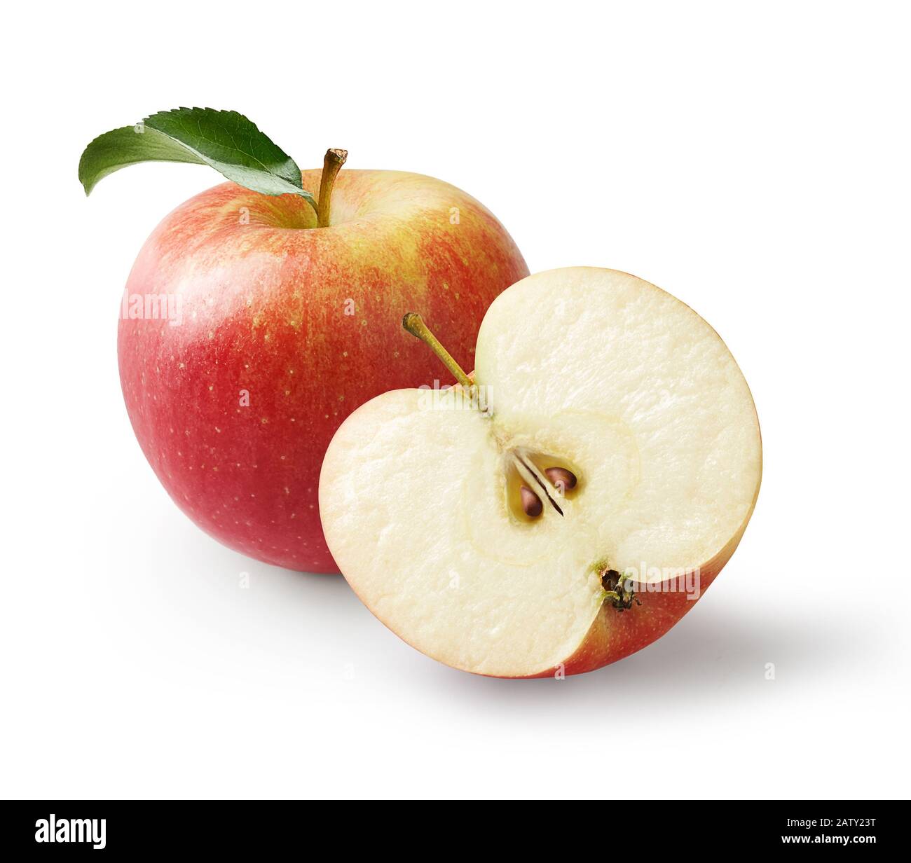 Frischer und köstlicher apfel, rotgelbe reife Äpfel mit Apfelhälfte isoliert auf weißem Hintergrund Stockfoto