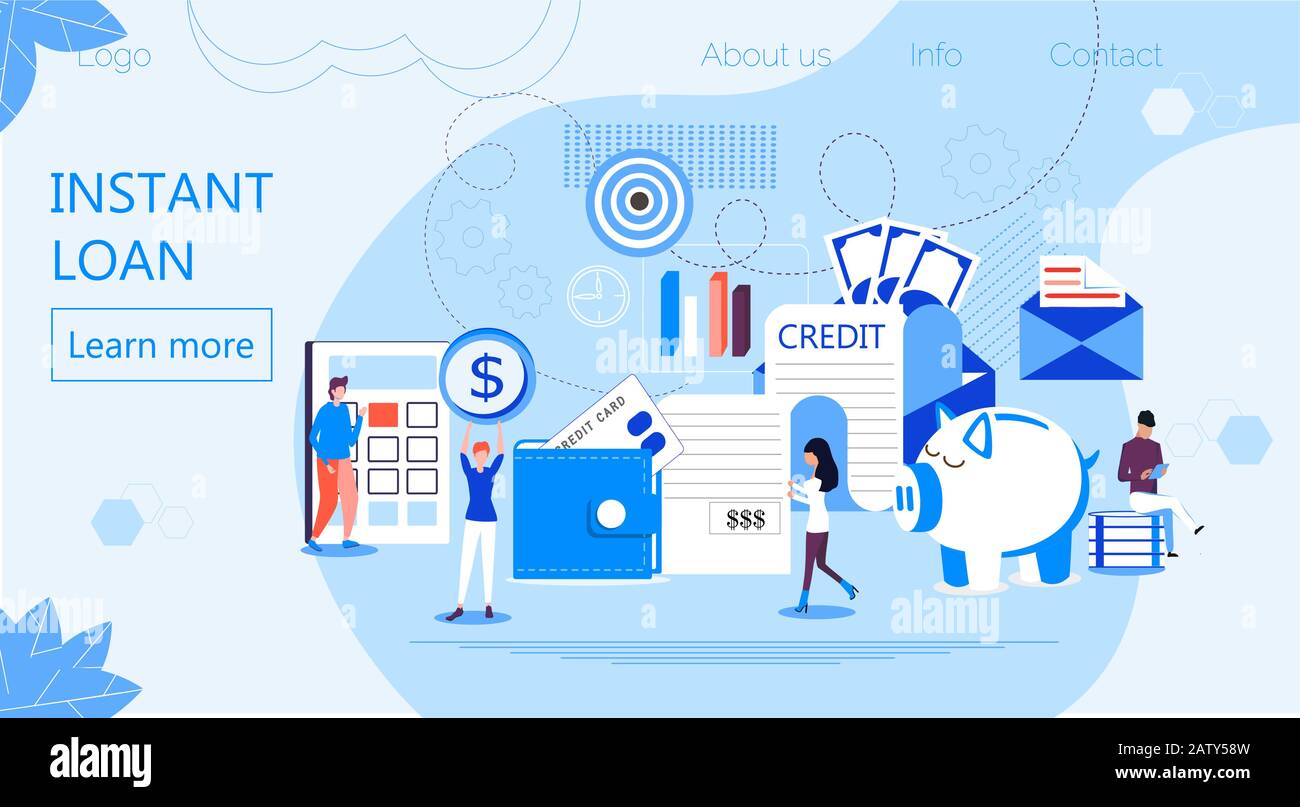 Instant Loan Vektor. Online-Kredit-, Kredit-, Steuerzahlungskonzept, wenn winzige Leute, die Rechnungen ausfüllen, genehmigte Kredite erhalten, kann es für Landing Page verwendet werden Stock Vektor