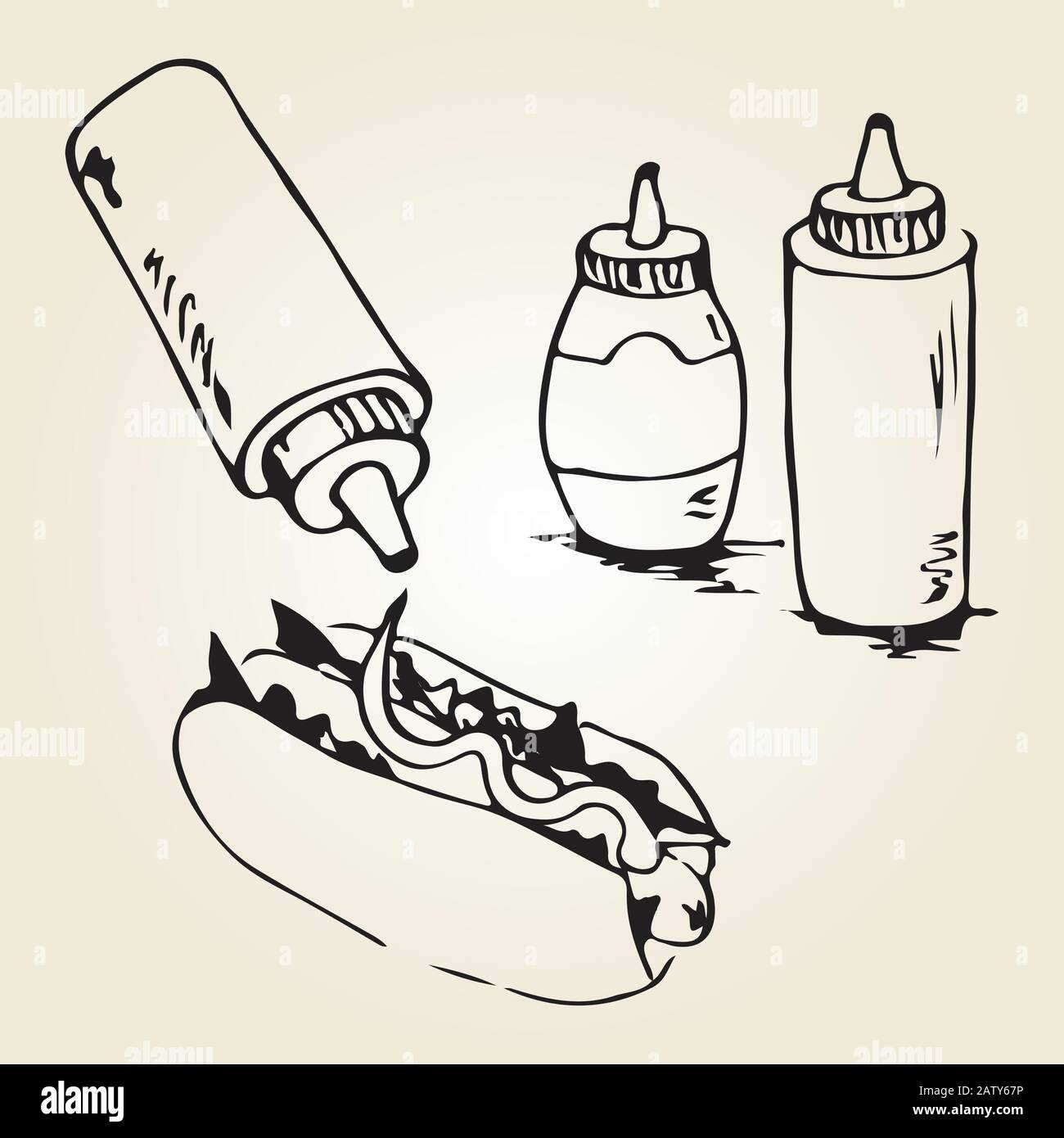 Handzeichnung mit heißem Hund. Fast-Food-Designelemente, Skizze von Hotdog mit Soßen in Flaschen. Monochrome EPS8-Vektorgrafiken. Stock Vektor