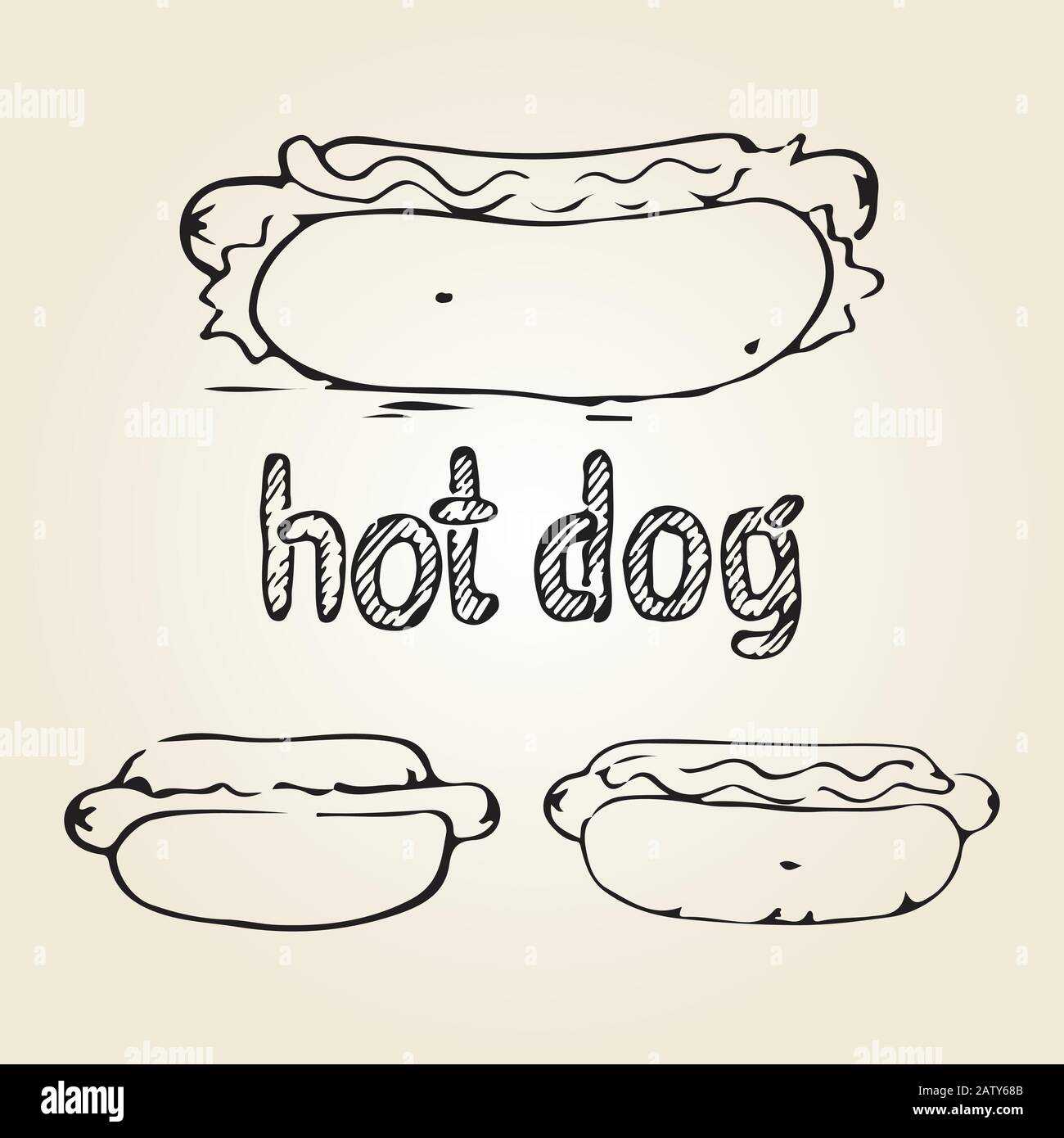 Handzeichnung mit heißem Hund. Fast-Food-Designelemente, Skizze von Hotdogs und handgeschriebenes Etikett. Monochrome EPS8-Vektorgrafiken. Stock Vektor
