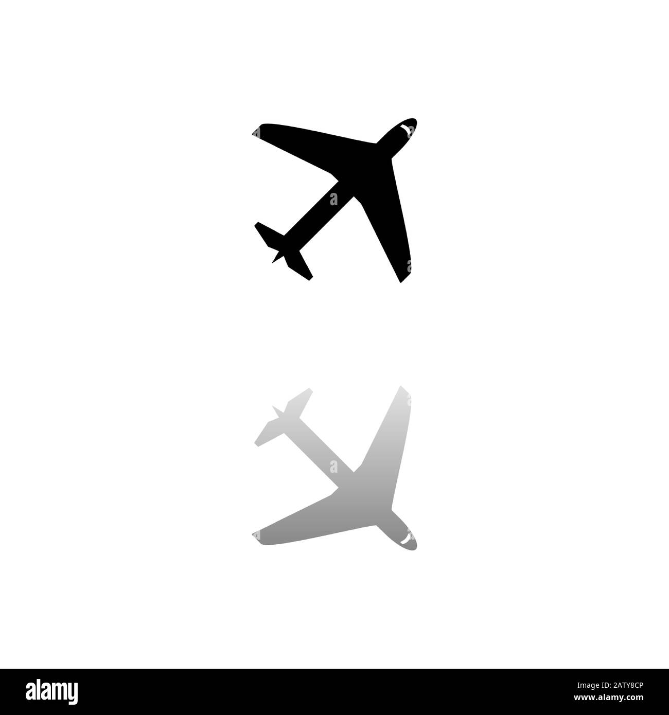 Flugzeug. Schwarzes Symbol auf weißem Hintergrund. Einfache Abbildung. Symbol "Flacher Vektor". Spiegelreflexionsschatten. Kann in Logo, Web, Handy und UI U verwendet werden Stock Vektor