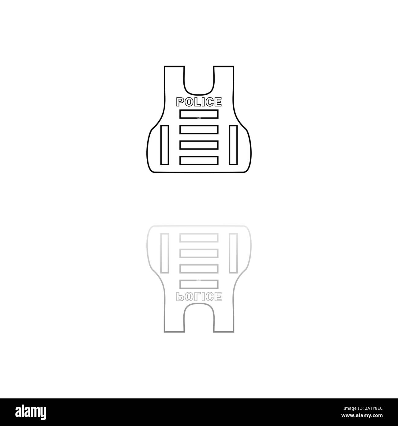 Flakjacke oder Weste der Polizei. Schwarzes Symbol auf weißem Hintergrund. Einfache Abbildung. Symbol "Flacher Vektor". Spiegelreflexionsschatten. Kann verwendet werden Stock Vektor
