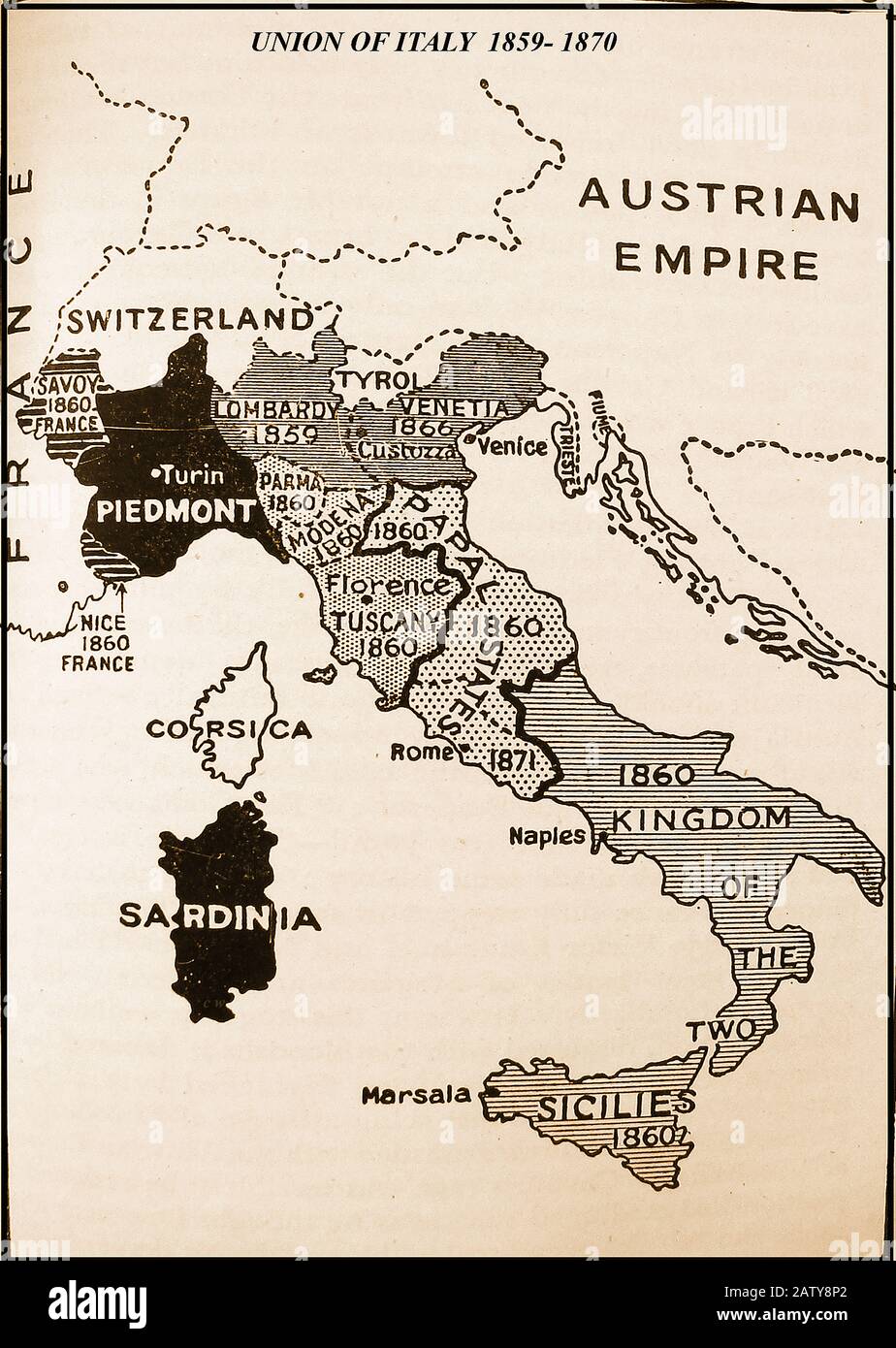 Union VON ITALIEN - Karte von 1929 mit den Schritten bis zur union Italiens mit ihren verschiedenen Teilen mit den Daten 1859-1870 Stockfoto