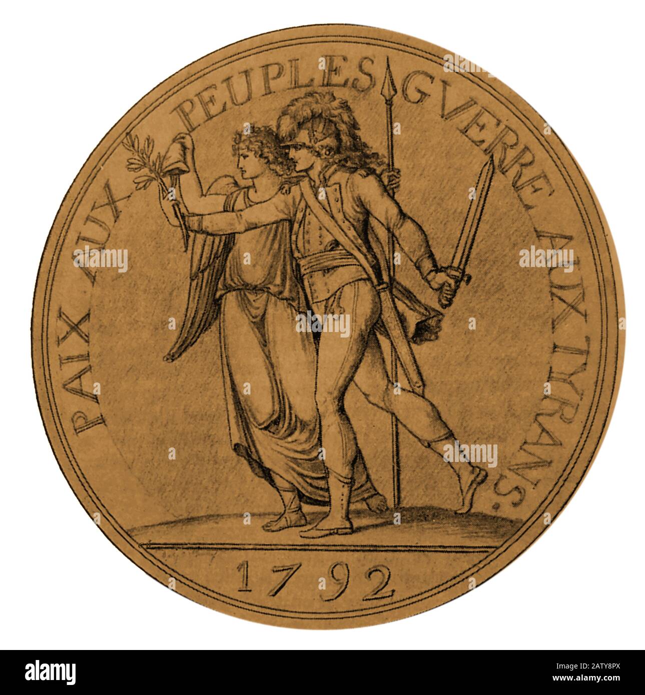 August, dem Entwurf für eine vorgeschlagene 100-Franken-Münze der 2. Französischen Revolution - Paix aux Peuples - Guerre aux Tyrans ( Frieden für die Völker, Krieg gegen die Tyrannen), entworfen von Augustin oder von Auguste Dupré, Ist unklar, ob die Münze jemals in fester Form hergestellt wurde. Stockfoto