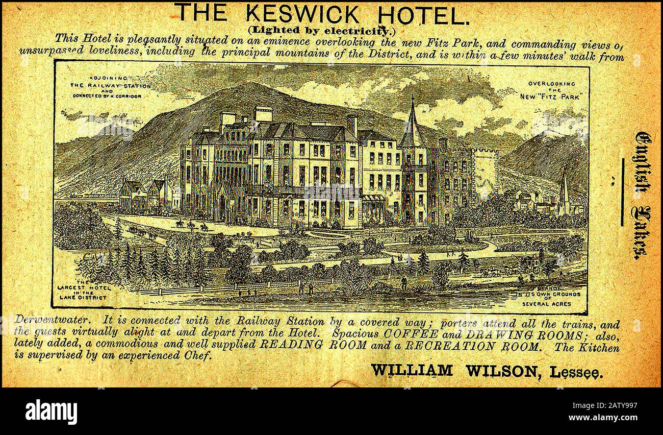 1890 britischer Eisenbahnführer illustrierte Werbung für das Keswick Hotel (mit Strom beleuchtet) Stockfoto