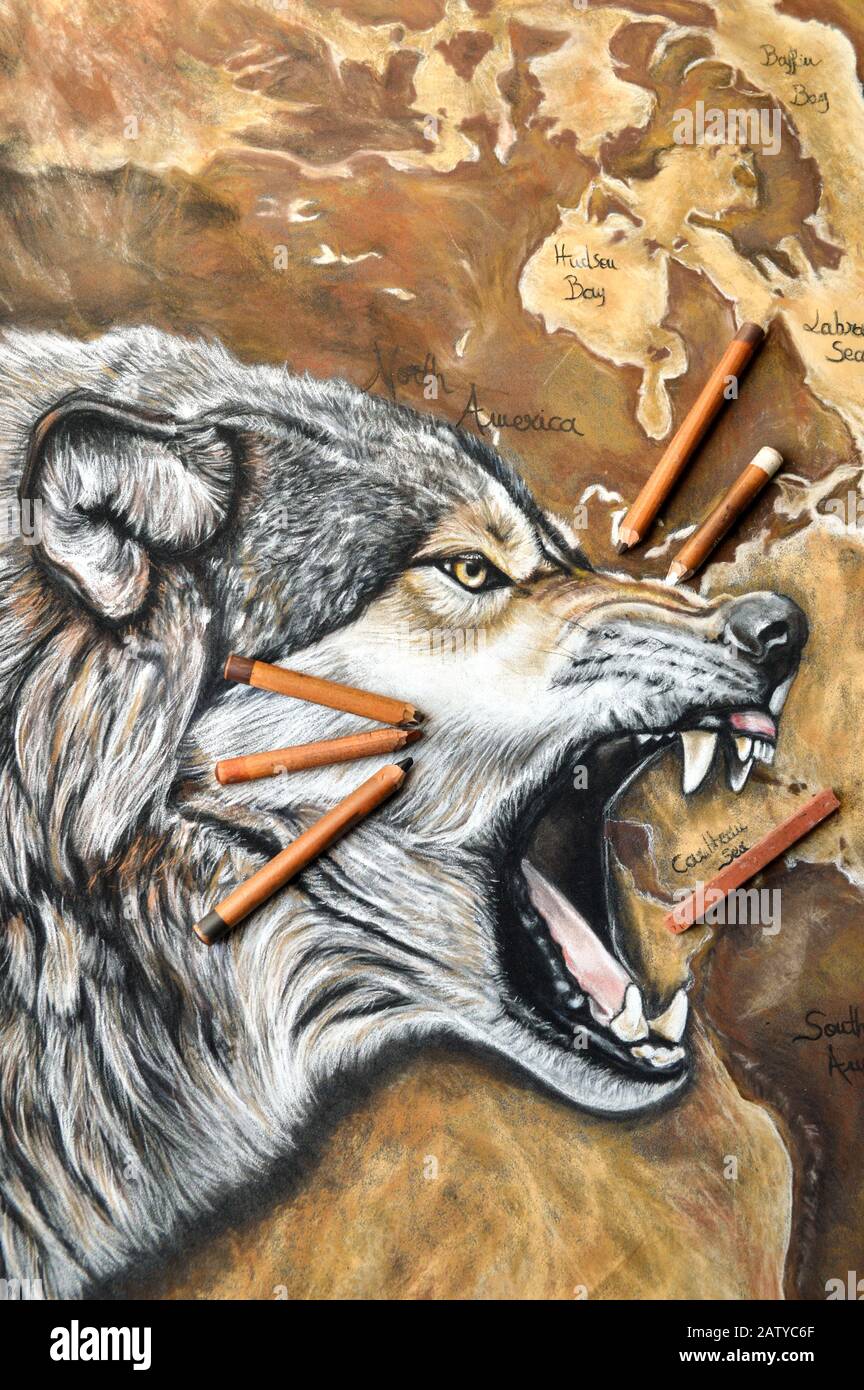 Prächtiges Tierkunstgemälde mit aggressivem Wolf Stockfoto