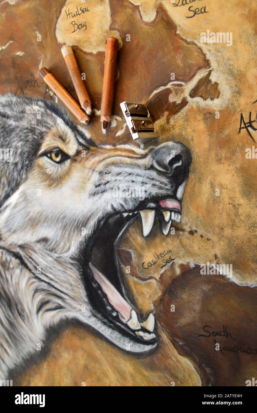 Prächtiges Tierkunstgemälde mit aggressivem Wolf Stockfoto
