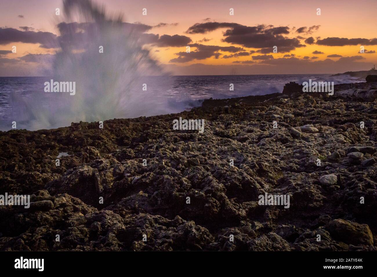 Wellen, die in felsige Ufer abstürzen, liegen in den Löchern auf Grand Cayman Island Stockfoto
