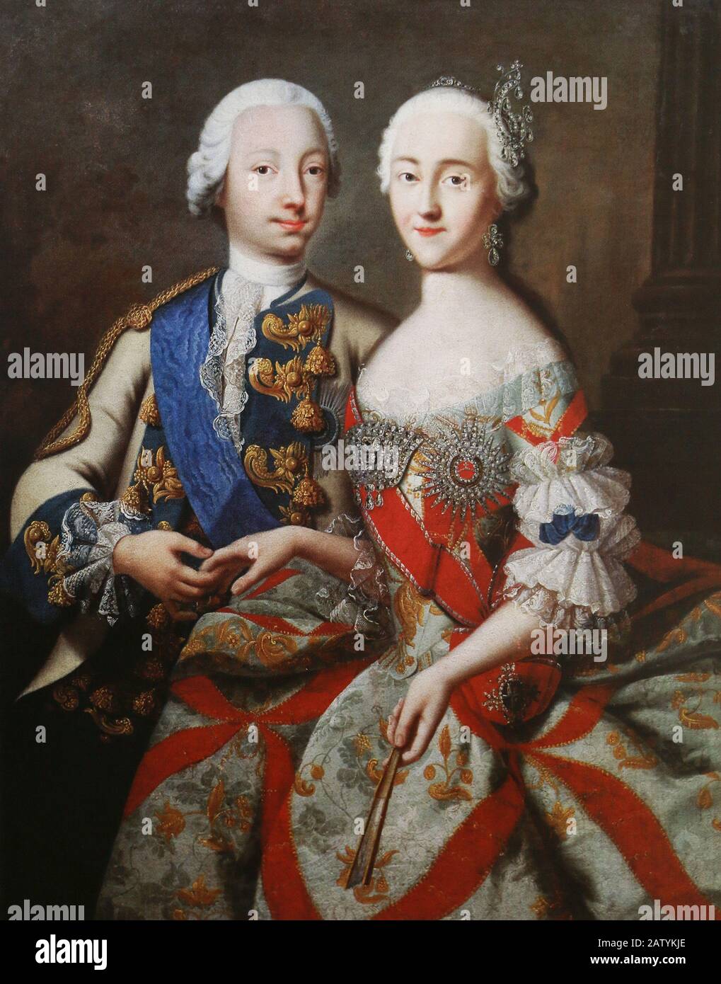 Großfürst Peter Fedorovich (Peter III.) und Herzogin Jekaterina Alekseevna (Katharina II.). Gemälde Georg Cristoph Grooth, 18. Jahrhundert. Stockfoto