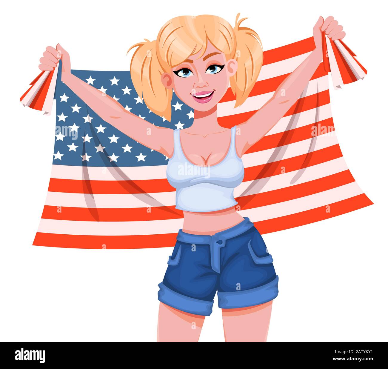 Glücklicher Tag des Präsidenten. Schöne Cartoon-Figur für Mädchen. Fröhliche blonde Frau mit US-Flagge. Vektor-Darstellung auf weißem Hintergrund Stock Vektor