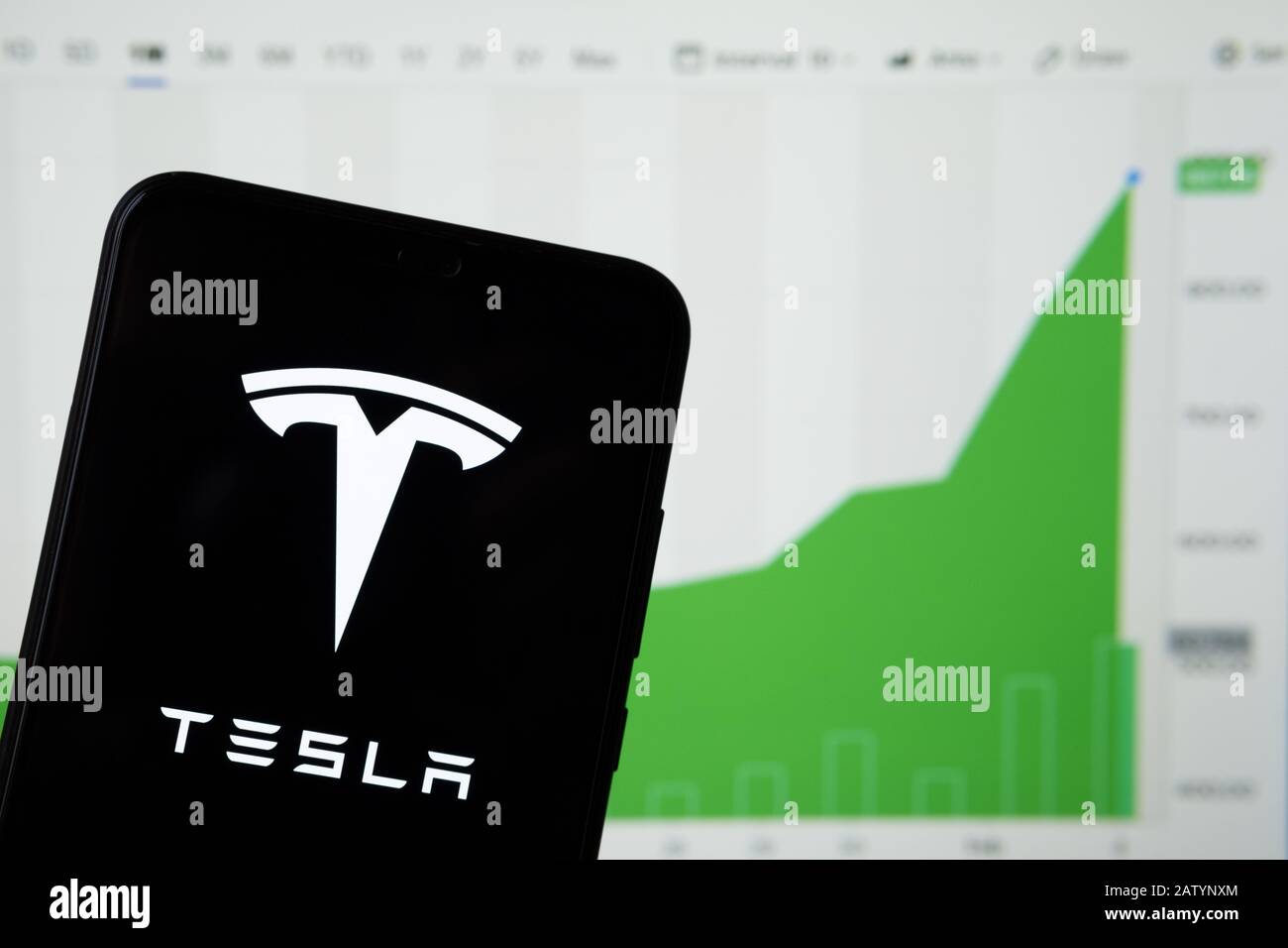 Tesla-Logo auf einem Smartphone und das Diagramm für den letzten Monat mit Tesla-Aktien-Preis. Die Grafik vom 5. Februar 2020. Keine Montage, echt Stockfoto