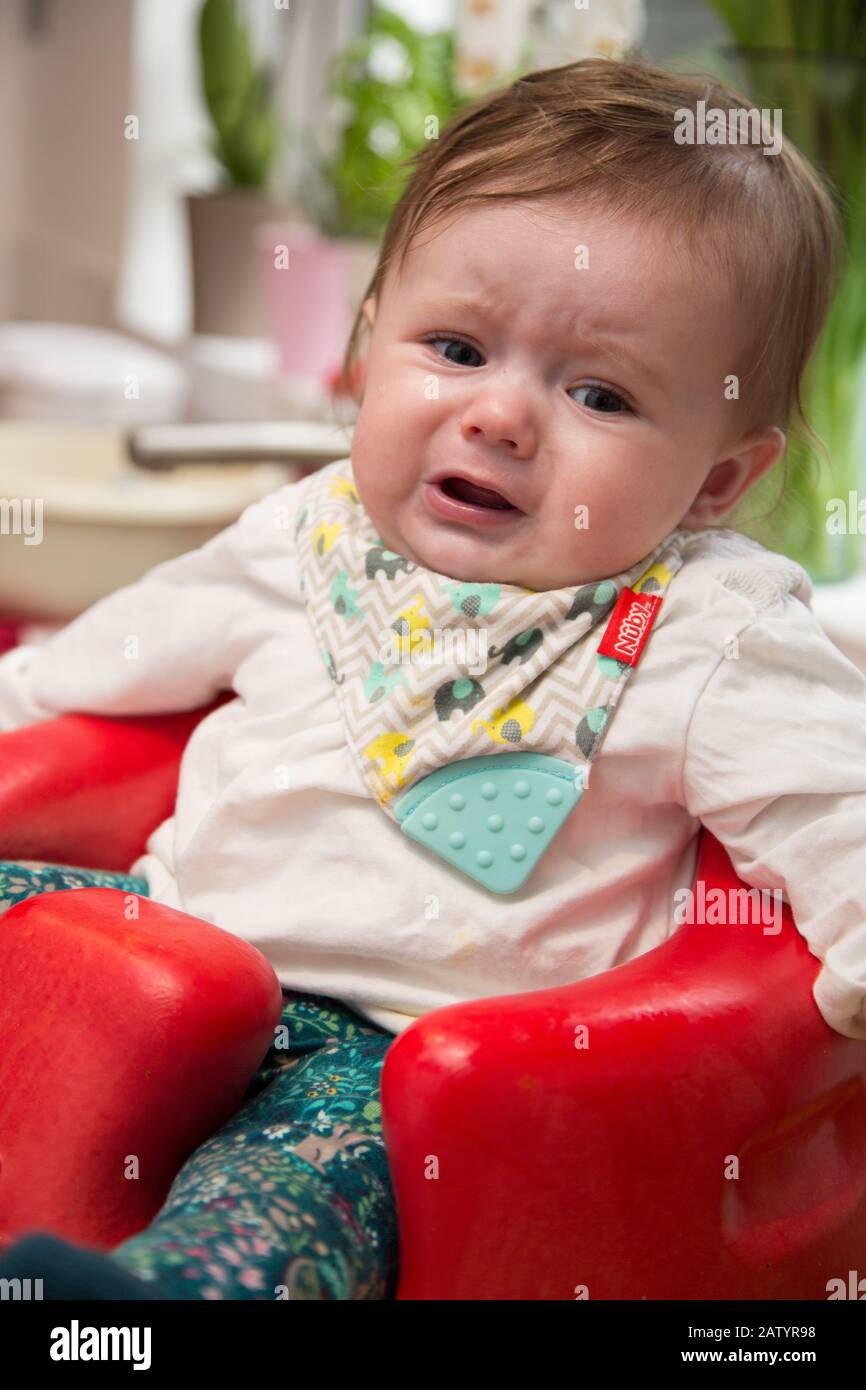 6 Monate altes Baby Mädchen weint in ihrem Bumbo Stuhl. Stockfoto