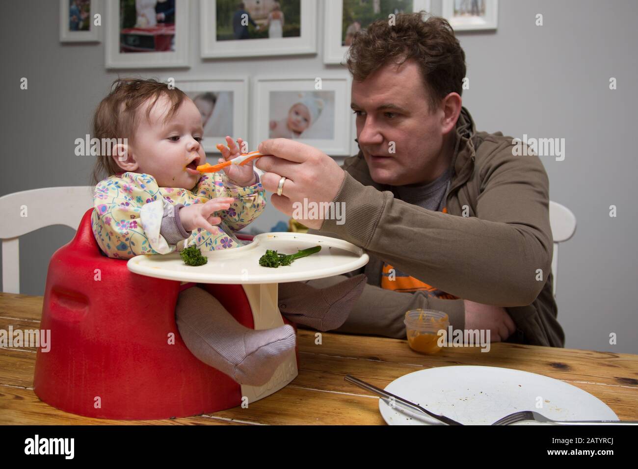 6 Monate altes Baby Mädchen Baby führte Entwöhnung Stockfoto