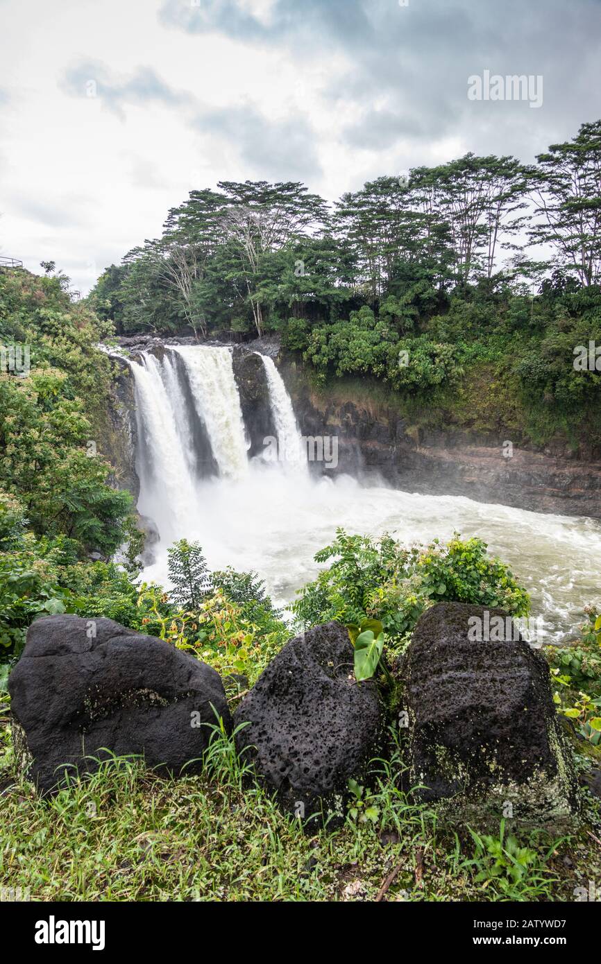 Hilo, Hawaii, USA. - 14. Januar 2020: White Rainbow Falls on Foaming Violent Wailuku River umgeben von grünen Bäumen und Pflanzen unter weiß-grauem Clou Stockfoto