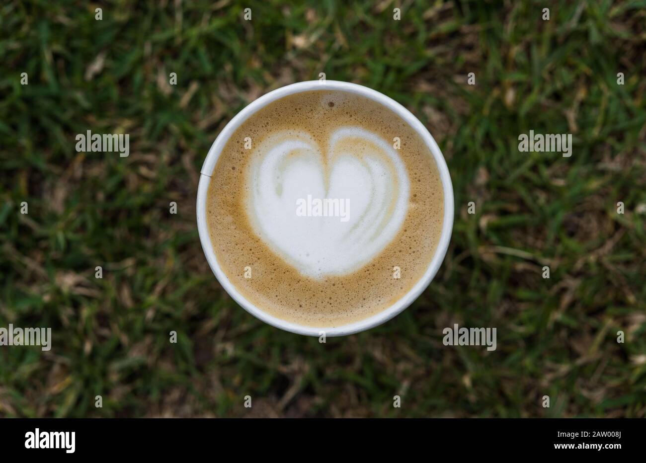 Nahaufnahme der Latte Cappuccino Kaffeetasse mit aufgeschäumter Milch in Herzform. Stockfoto