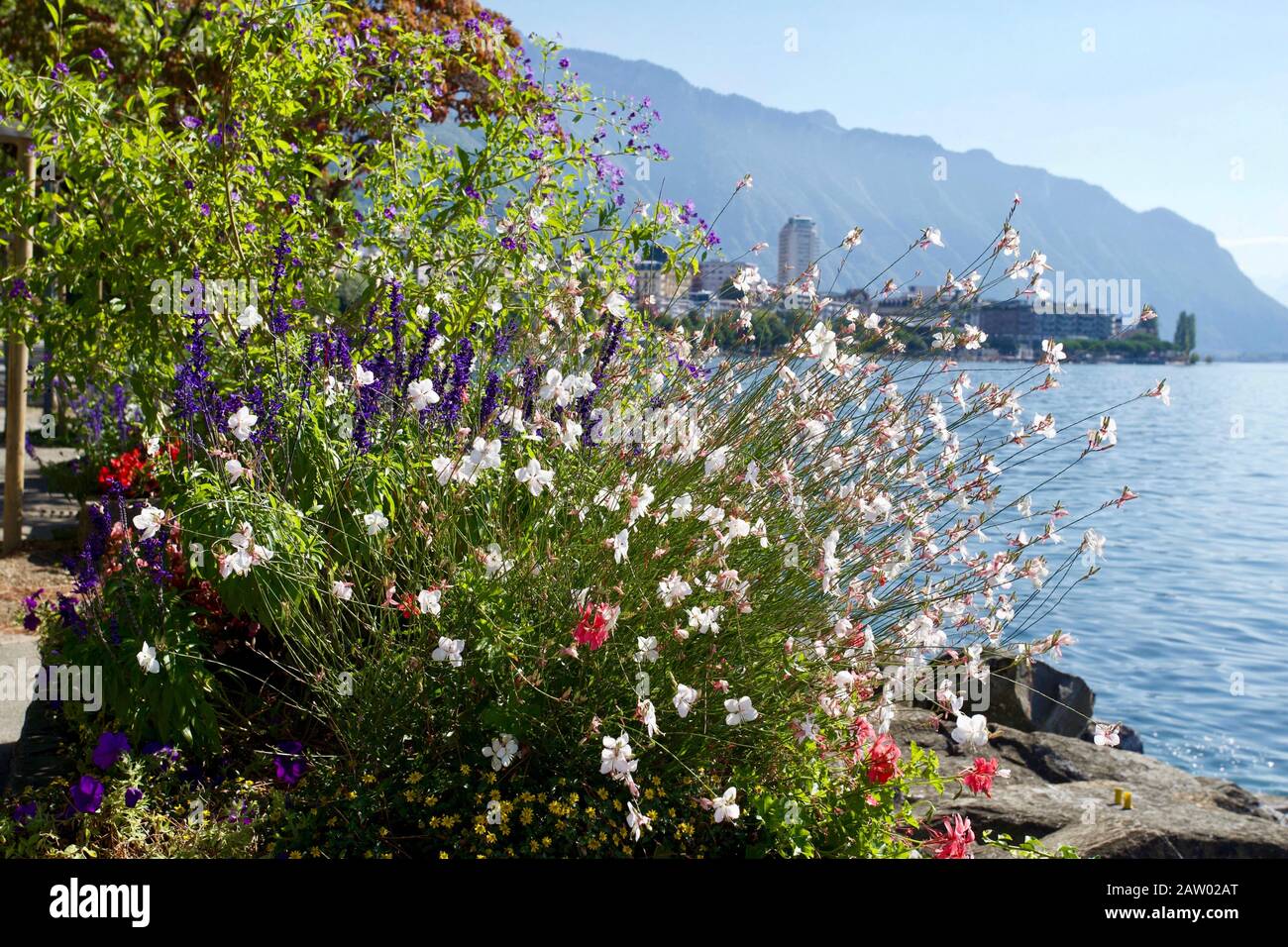 Montreux - der Genfersee Montreux ist eine Gemeinde und eine Schweizer Stadt am Ufer des Genfersee am Fuß der Alpen. Er gehört zum Landkreis Stockfoto