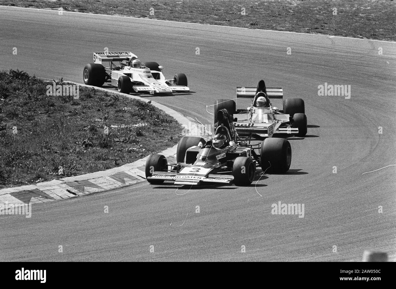 Rennen für die Formel 5000 im Zandvoort Moment während des Rennens Datum: 19. Mai 1975 Ort: Nordholland, Zandvoort Schlüsselwörter: Autorennen, Strecken, Rennwagen Stockfoto
