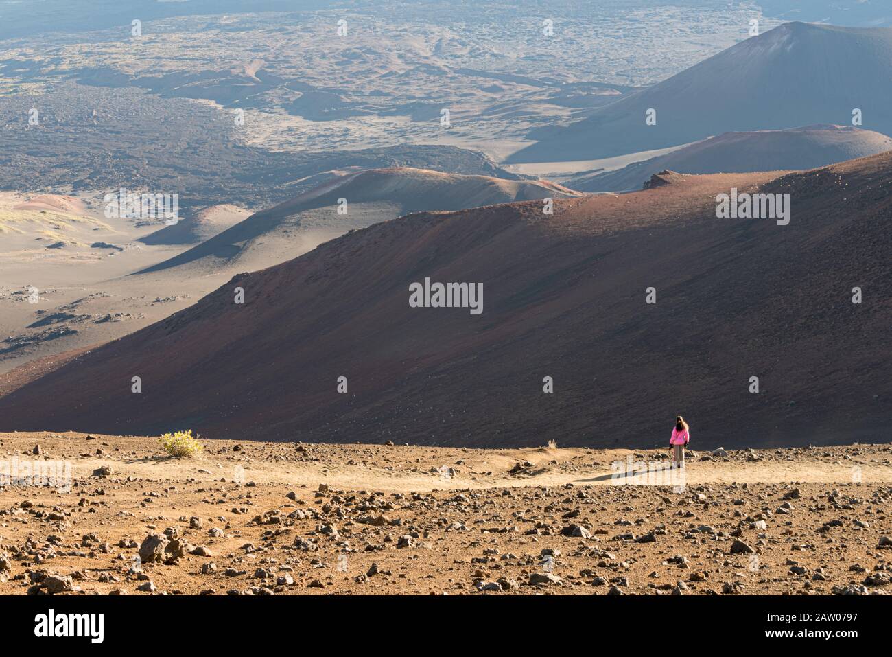 Ein einsamer weiblicher Wanderer blickt auf eine aride, unbezeihliche Landschaft. Stockfoto