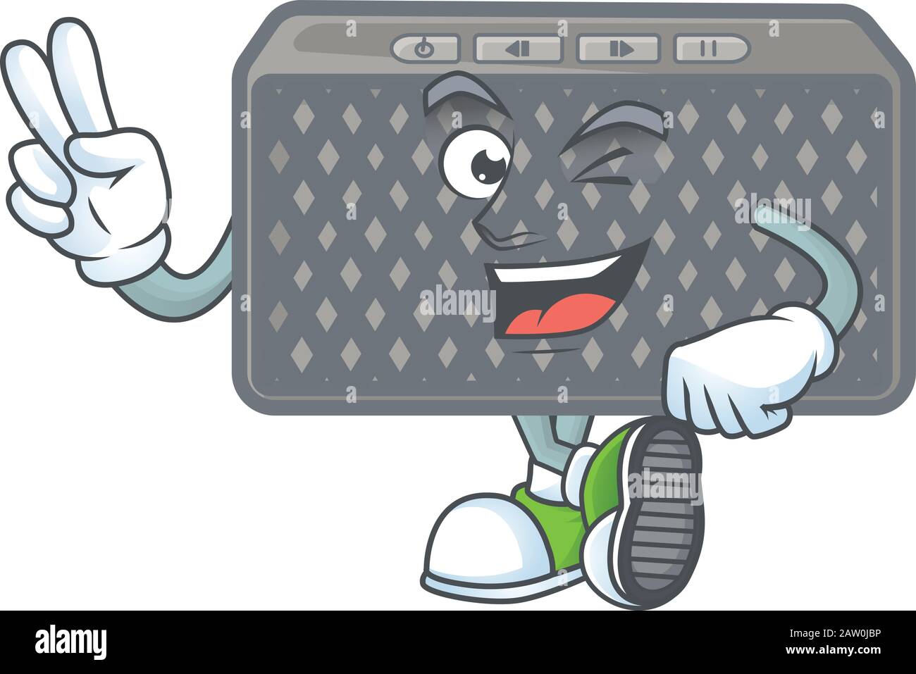 Niedliches Cartoon-Maskottchen-Bild des kabellosen Lautsprechers mit zwei Fingern Stock Vektor
