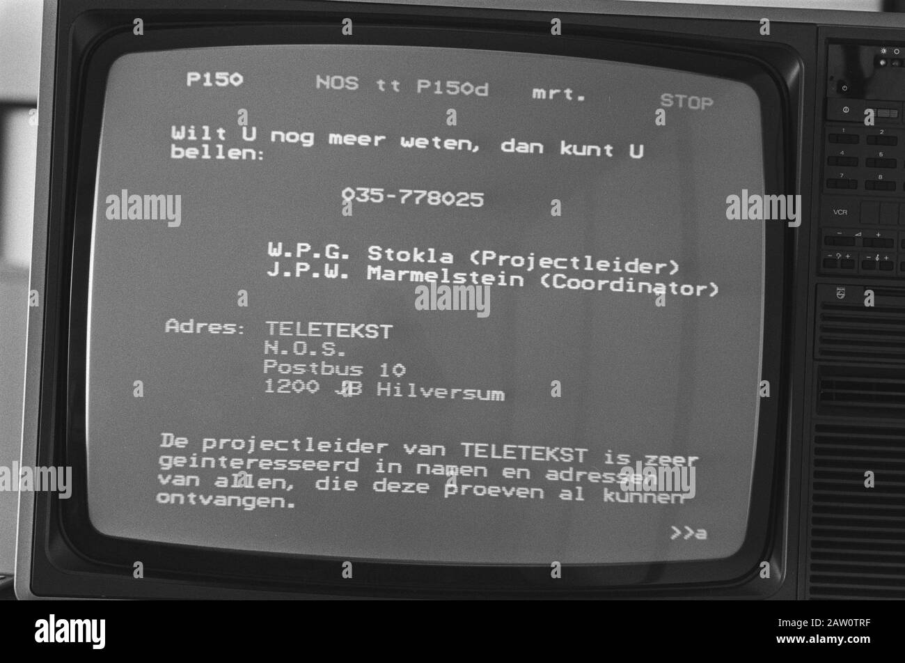 NIS startet am 1. April das nächste Pilotprojekt mit Teletext; Projekt Stokla das aankondigingspagin Videotext Datum: 24. März 1980 Schlüsselwörter: Tele Text Institution Name: NOS Stockfoto