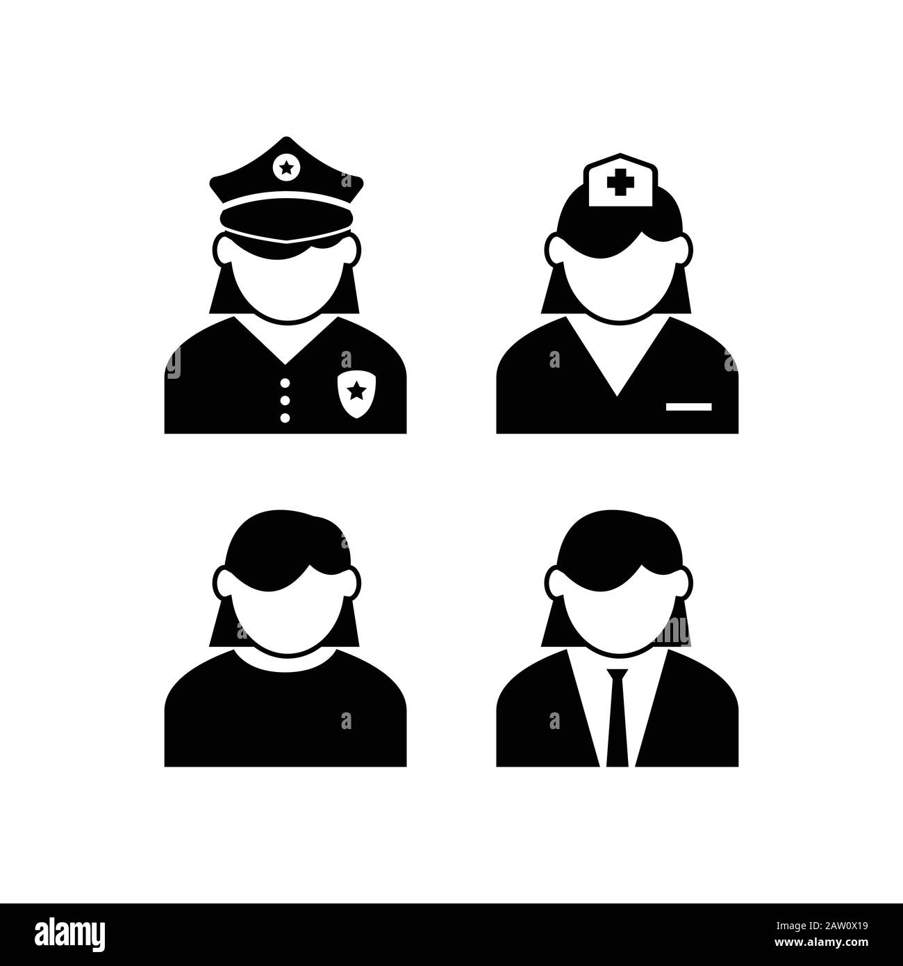 Vektorsymbole von Personen mit einer Vielzahl von Jobs. Avatar Personensymbol mit verschiedenen Jobs in schwarzer Farbe Stock Vektor