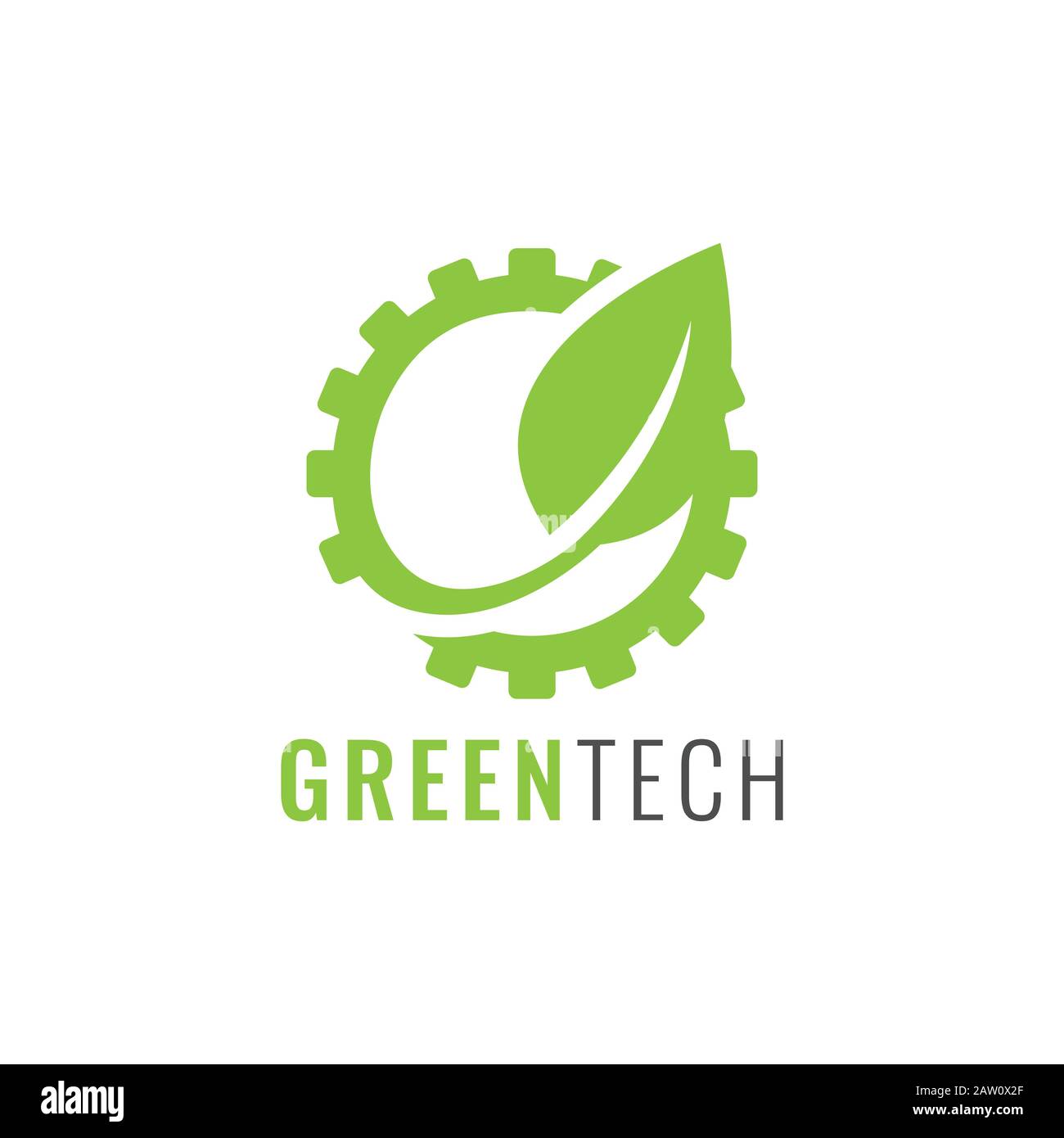 Abbildung: Vektordesign mit umweltfreundlichem Logo. Freundliches grünes Technologie-Logo mit Zahnrad- und Blattbildvektor Stock Vektor