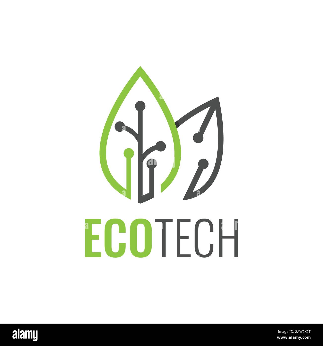Umweltfreundliches Logo im Vektordesign. Nature Technology Logo mit Vektorgrafiken aus Blatt- und Schaltkreisen Stock Vektor