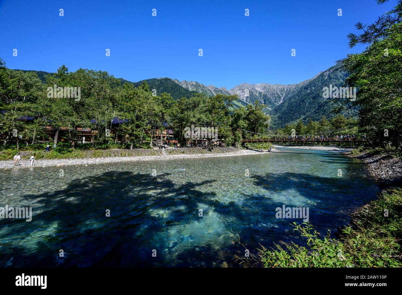 Baumschattierung am Fluss Azusa, Präfektur Nagano, Japan Stockfoto