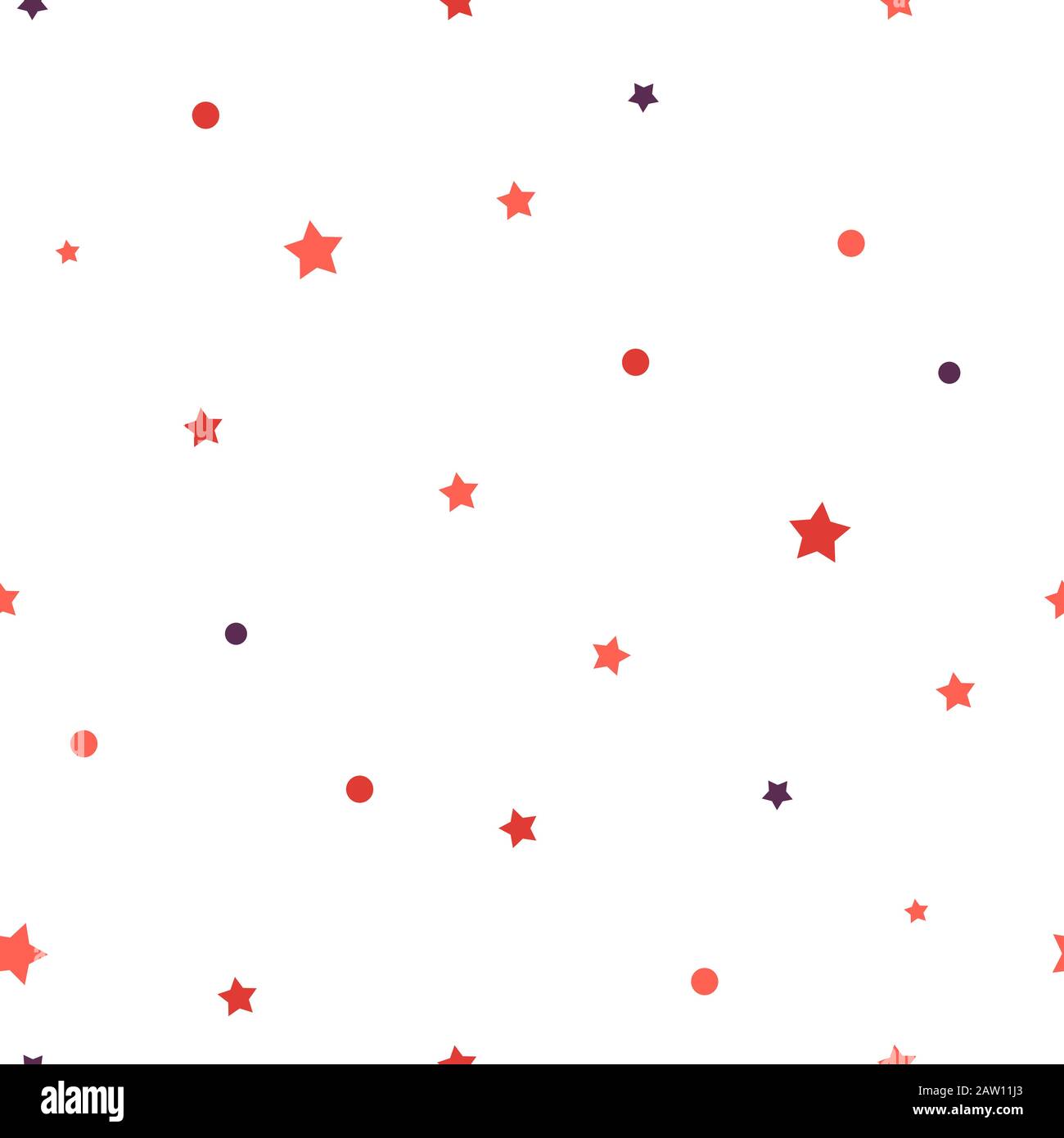 Abstrakt Polka Punkt nahtlose Muster Hintergrund. Bunte positive endlose Textur mit roten Sternen und Blasen isoliert auf Weiß. Stoffdruck für Stock Vektor
