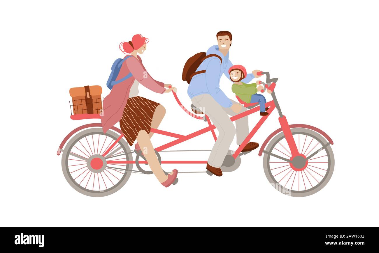 Vektor-Cartoon-Illustration des fröhlichen Familienfahrens mit einem Co-Pilot-Fahrradtrailer, Fahrrad mit zwei Erwachsenen und einem Kind vor dem Kinderradsitz Baby Stock Vektor