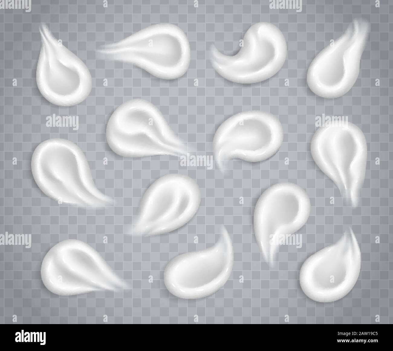 Weiß Creme verschmiert Sammlung auf transparentem Hintergrund isoliert. Feuchtigkeitsspendende Lotion, Sonnenschutz Anschläge. Stock Vektor