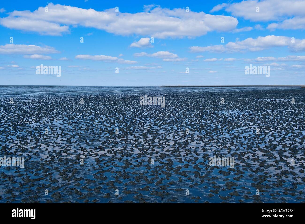 Schwaches Landschaftsbild ausgedehnter Schlammflächen in der Gezeitenzone des Wattenmeers, die sich unter einem trübem blauen Himmel in die Ferne erstreckt Stockfoto