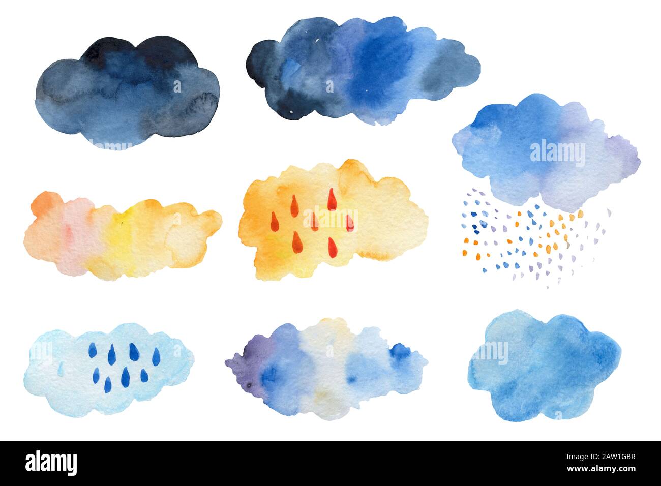 Handgezogene Wolken im skandinavischen Stil. Monochrome dekorative Schmuckelemente für Baumschulen. Minimalistische, niedliche Zeichnungen für Drucke, Aufkleber und Poster. Stockfoto