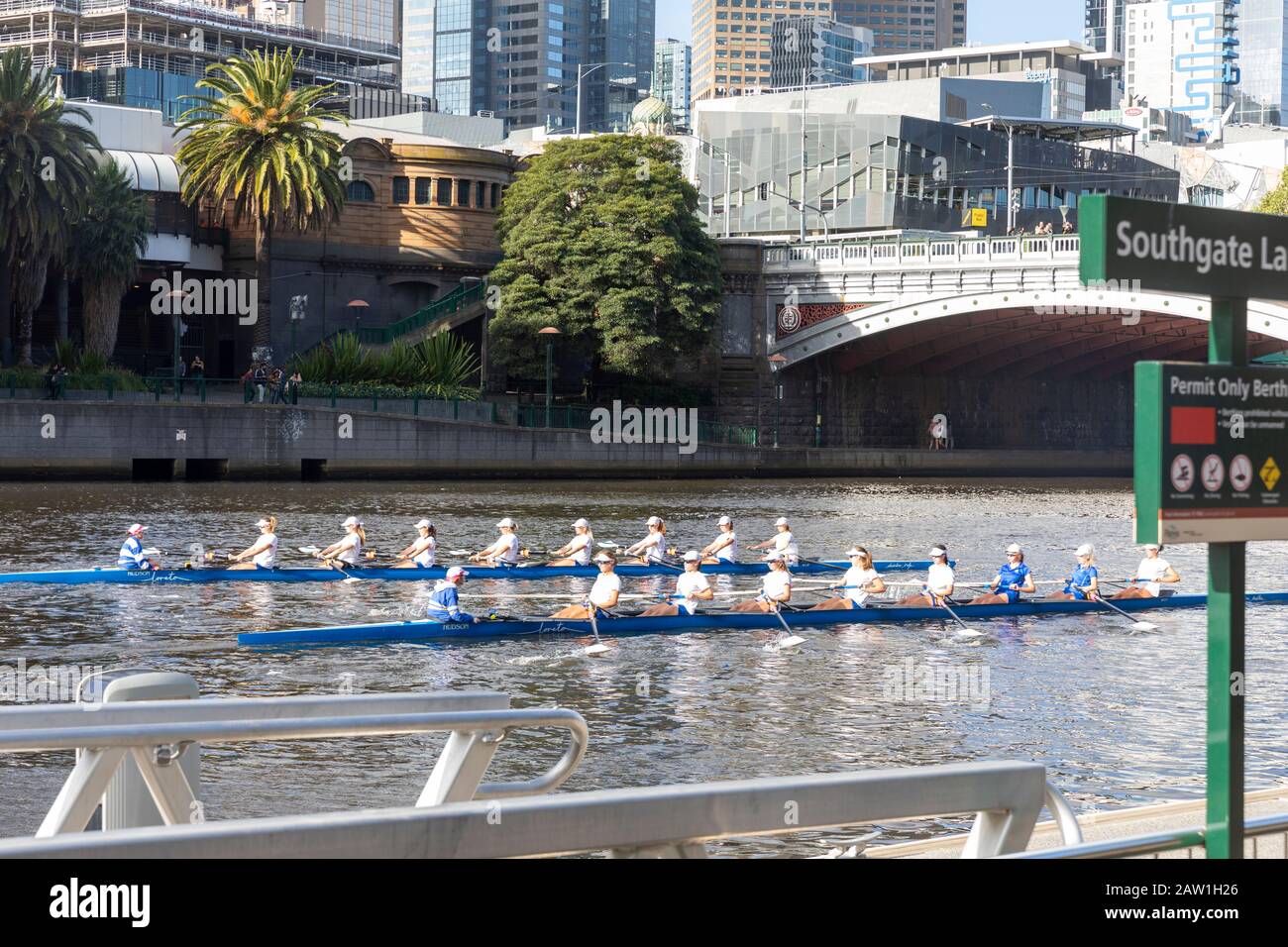 Teenager-Mädchen-Ruderteam auf dem yarra River im Stadtzentrum von Melbourne, Victoria, Australien Sommer Tag Stockfoto